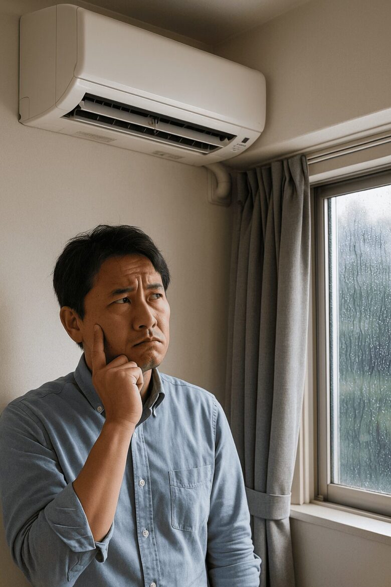梅雨のエアコンに悩んでいる男性